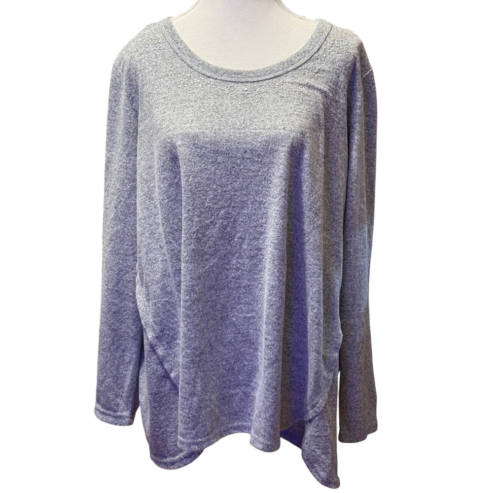 Erika Women's Grey Heathered‎ Long Sleeve Rhinestone Embellished Tunic Top XXL